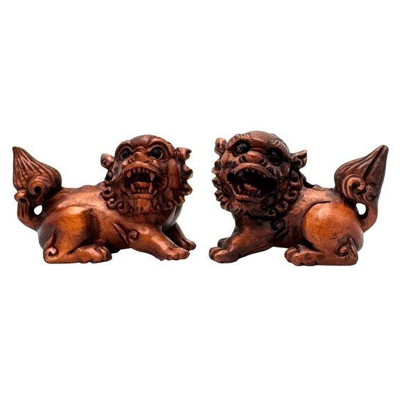 Ojime Netsuke 2 Foo Dog Lion Figurines Hand-Carved Boxwood Signed No Hole #1.2 - Picture 1 of 13